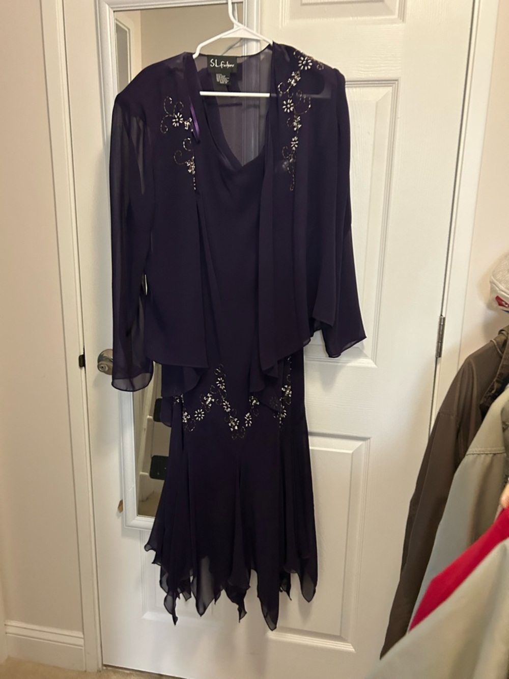 SL Fashions Purple Beaded Evening Dress with Chiffon Jacket